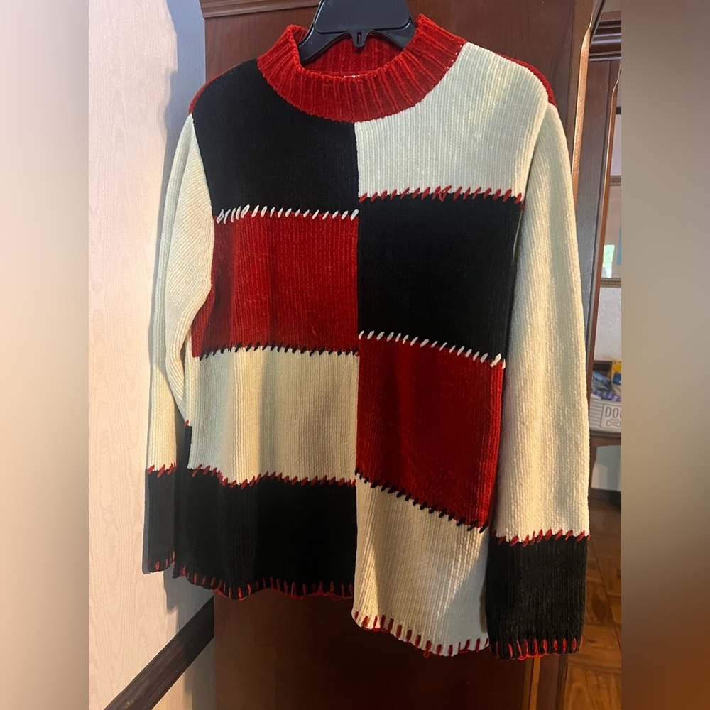 Studio Works Red, Black, and Cream Patchwork Sweater